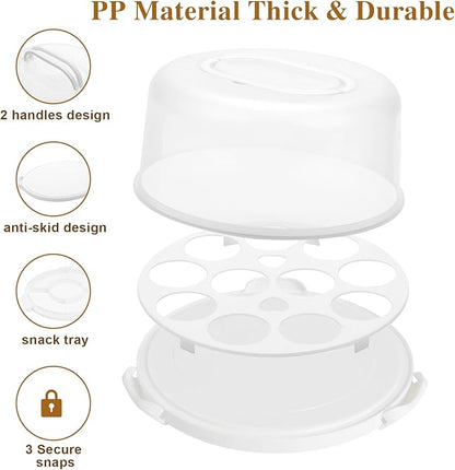 Cake Carrier with Lid and Handle, Multipurpose Cake Stand Fits 10 inch Cake, Cupcake Containers for 11 Cupcakes，Cake Holder Serves as Five Section Serving Tray, Portable Cake Carriers, White