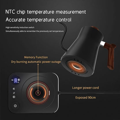 Gooseneck Electric Kettle,Electric Kettles, ±1℉ Temperature Control, Ultra-Quiet 304 Stainless Steel, for Coffee, Tea & Milk, Auto Boil Detection, 8 Safety Protections & Memory Function(Black，0.9L)