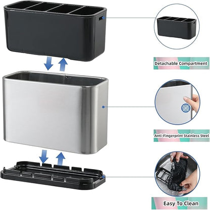 Silverware Organizer,Kitchen Utensil Holder For Counter,Stainless Steel Caddy,4 Compartments Organizer,Capacity Flatware Spoon Fork Tool Cutlery Holder（Silvery）