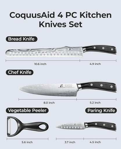 Essential 4-Piece Kitchen Knife Set,Sharp German Steel Knives Sets(Chef's Knife, Paring Knife, Bread Knife + Peeler) for Home Cooking BBQ,Gift Box included