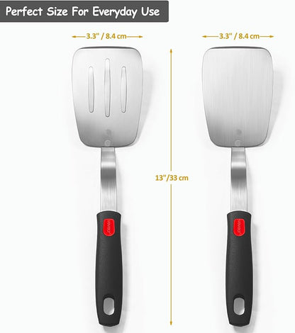 Stainless Steel Spatula Turner Set, 2-Pack Metal Spatula for Kitchen Use,VOVOLY Heavy Duty Cooking Turners, Wide Blade with Beveled Edge, Heat Resistant Silicone Handle, Dishwasher Safe