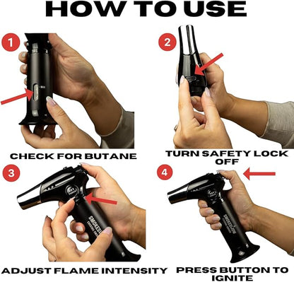 Blow Butane Cooking Torch, Lighter with Safety Lock and Adjustable Flame for BBQ, Baking, Brulee, DIY, Creme and Deserts | Viewing window for accurate fuel filling | Butane Gas not included