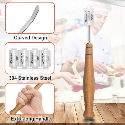 Danish Dough Whisk and Bakers Bread Lame Tool for Baking Cake Pizza, Stainless Steel Dough Scoring Knife with 5 Replacement Blades Leather Storage Cover, Lame Bread Dough Whisk Slashing Tool