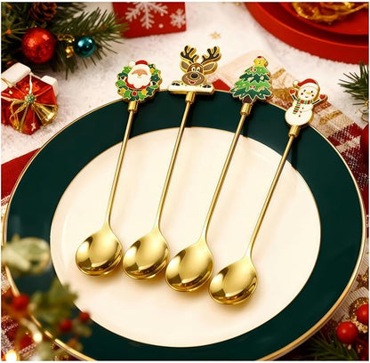 Christmas Teaspoon Gift Set of 4 | Premium 304 Stainless Steel Mirror Finish & Rust-Resistant | Small Spoon for Tea, Dessert & Coffee | Dishwasher Safe Hostess & Holiday Gift | Christmas Table Decor