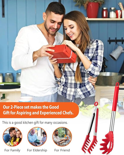 Silicone Spaghetti Spoon & Pasta Tong, Non-Stick Stainless Steel Handle Pasta Fork Set with Teeth, Food Clip for Easy Serving of Noodles (Red)