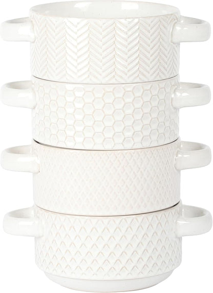 Gibson Elite Oyster Tide Embossed 6 Inch Soup Bowls with Handles. French Onion Soup Crocks, Stackable Soup Bowl, Chili, Beef Stew Reactive Glaze Stackable Ceramic Bowl, Set of 4, White