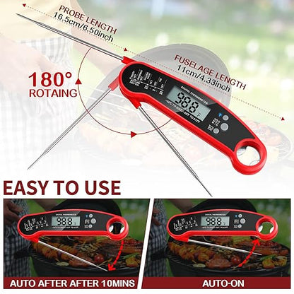 Leelosp 3 Pcs Digital Meat Thermometer with Probe Waterproof Fast Read Food Thermometer Kitchen Grilling Cooking with Backlight Magnet and Calibration for Baking BBQ(Red, Black)