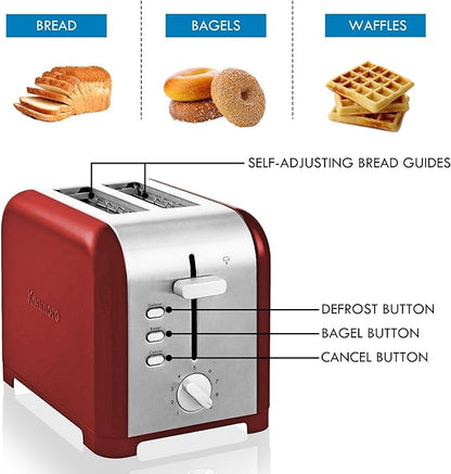 Kenmore toaster 2 slice - extra wide slot countertop kitchen appliance, defrost function, tostador de pan, compact design, easy clean crumb tray, bread bagel, 9 shade settings, stainless steel & Red