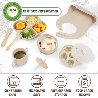 Silicone Baby Feeding Set, Baby Led Weaning Supplies, Baby Food Tableware Silicone Suction Plate, Bowl, Spoons, Fork, Waterproof Bib, Cup & Complementary Food Cake Mold, Baby Eating Utensils