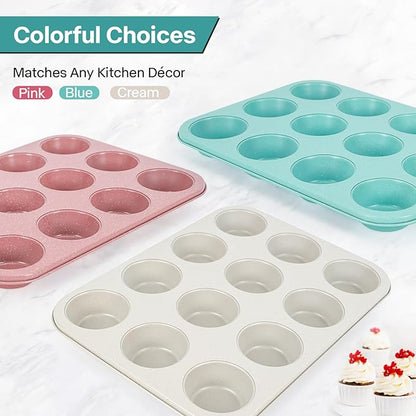 2-Pack Blue 12-Cup Non-Stick Muffin Pan | Healthy Baking | Easy Cleaning Muffin Tin | Durable & Versatile Muffin Cup | Perfect for Mini Cupcakes (Blue)