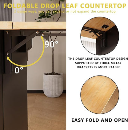 60'' Rolling Kitchen Island with Drop Leaf, Storage Islands Cart with Tilt Out Trash Can Cabinet, Rubber Wood Tabletop, Knife Holder, Wheels, Black
