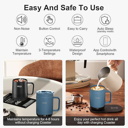 16Oz Temperature Control Smart Mug, Self Heating Coffee Mug LED Display, 180 Min Battery Life - Hot up to 149℉ Fast Wireless Charger Base Improved Design coffee serving sets mug(16oz, Slate Blue)