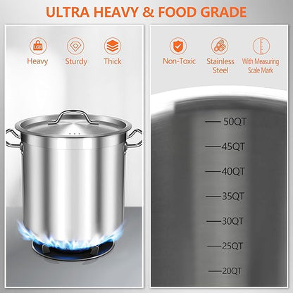 50 Quart Stainless Steel Stock Pot with Lid – Heavy Duty Large Cooking Pot for Soup, Stew, Chili – Commercial Grade, Induction Compatible – Great for Home & Catering