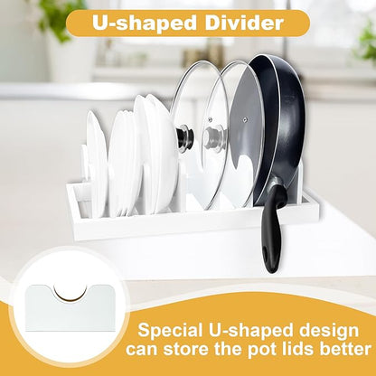 MinBoo Bamboo Pot Lid Organizer Pot Lid Holder, Pot and Pan Organizer Drawer Organizer for Pot Lids, Pans, Cutting Boards & Baking Sheets, Dinner Plates, Reusable Containers in Cabinet Storage,White