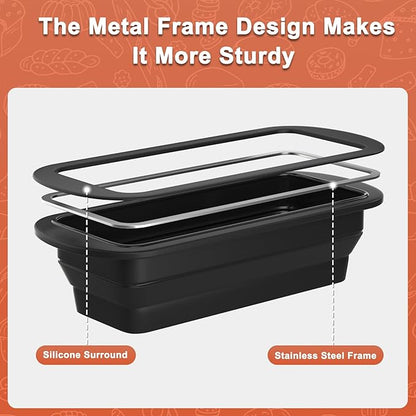 2 Packs of Collapsible Silicone Bread Loaf Pan with Metal Reinforced Rim Support - Nonstick Silicone Baking Mold for Homemade Loaf, Bread and Meatloaf - (9"x4"x2.5", Black, 2 Pieces)