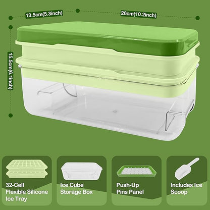 Satax Silicone & Plastic Ice Cube Trays with Lids and Bin - Durable, BPA-Free, Easy Release, Perfect for Cocktails, Coffee & More (2, green)