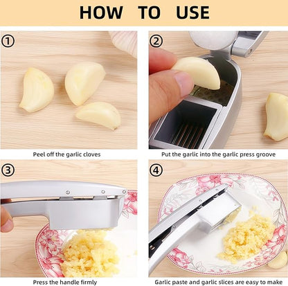 Professional 2 in 1 Garlic Press & Slicer,Multifunctional Garlic Mincer Tool with Ergonomic Handle,Effortlessly Crush,Slice and Mince Garlic,Rust-Proof,Easy to Squeeze and Clean,Dishwasher Safe