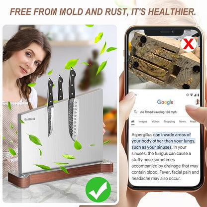 Large Magnetic Knife Block Holder Without Knives for Kitchen Counter, Stainless Steel Material Magnetic Knife Storage Stand Rack with Strong Double Sided Magnet and Wood Base - 16.15 x 11 Inches