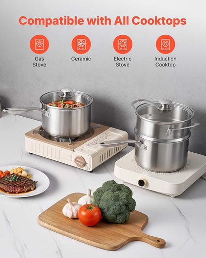 VEVOR 2.5 QT Saucepan with Steamer, Stainless Steel Saucepan with Glass Lid, Multipurpose Nonstick Stainless Steel Sauce Pot with Ergonomic Handle, Friendly for Oven, Dishwasher, Induction Cooker
