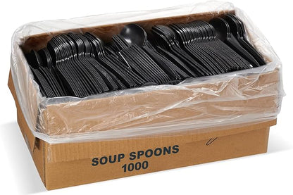 1,000 Plastic Disposable Soup Spoons Bulk Black Medium Weight Disposable Silverware Plastic Cutlery Spoons