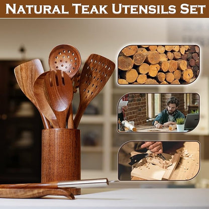 10PCS Wooden Spoons for Cooking, Spoons and Spatula Non Stick Set with Stainless Steel Handle, Teak Wooden Utensils Set with Holder & Spoon Rest, Kitchen Utensils for Non-Stick Cookware