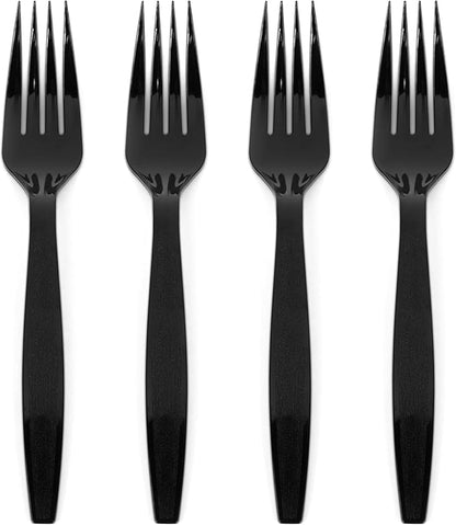 Prestee 100 Black Plastic Forks Heavy-Duty, Heavyweight Plastic Silverware Forks, Fancy Cutlery, Elegant Disposable Forks Pack, Bulk Disposable Flatware, Christmas Holiday Plastic Utensils Set