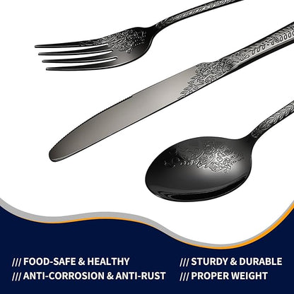 Floral 20 Pcs Black Silverware Set for 4, Food Grade Stainless Steel Flatware Set with Rose Flower Embossed Design, Eating Utensils Sets Include Fork/Knife/Spoon, Reusable Cutlery Set, Dishwasher Safe