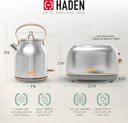 Haden Heritage 4 Slice Wide Slot Stainless Steel Toaster Bundled with 1.7 Liter Stainless Steel Electric Water Kettle, Steel & Copper