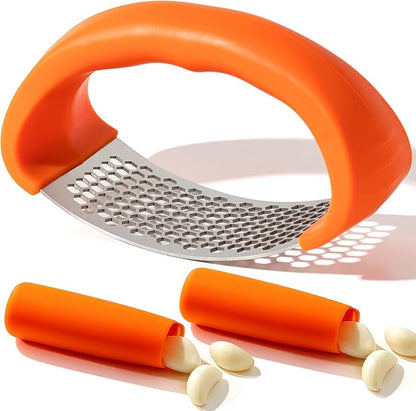 Li&Zhao Stainless Steel Garlic Press Rocker - Garlic Crusher Stainless Steel Garlic Mincer Tool Garlic Rocker with Garlic Peeler Garlic Smasher for Kitchen Cooking(Orange)