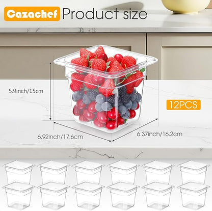 12 Pack 6'' Deep NSF Food Pans 1/6 Size | Commercial Food Storage Containers | Polycarbonate Plastic Pans for Restaurant | Commercial Grade for Food Prep | Clear