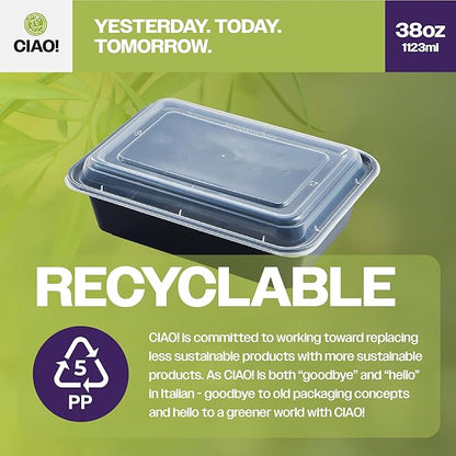 CIAO! Heavy Weight 38oz Injection Molded Microwavable Black Rectangular Food Container with Lid (150/case)