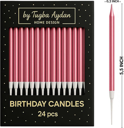 by Tugba Aydan - Pink Birthday Candles - 24 Count Long Thin Pink Birthday Candles for Cake, Metallic Cake Candle for Birthday, Party Candles