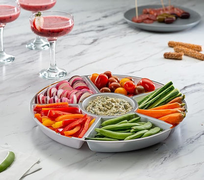 Plasticpro 6 Sectional Round Plastic Serving Tray/Platters White & Silver Pack of 2