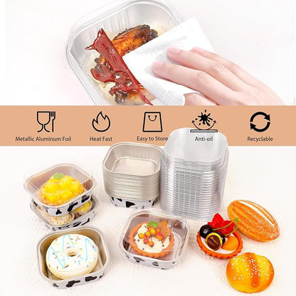 FORBFAN 150 Pcs Mini Square Baking Cups with Lids, 8 oz Mini Aluminum Cake Pans, Small Baking Tins Cow Print