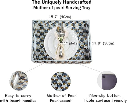 PEMAR Rectangular Mother of Pearl Serving Tray Coffee Table Ottoman Tray w Insert Handles, Luxury Decorative Handmade Eating Tray (Geometric Cube Pattern)