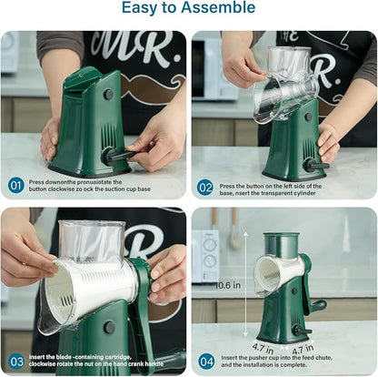 Rotary Cheese Grater Hand Crank, 5 Blades Cheese shredder, Stronger Suction, Easy to Clean for Fruit, Vegetables, Nuts, Green