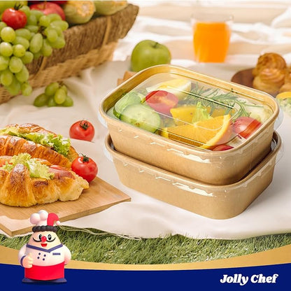 JOLLY CHEF 50 Pack Paper Food Containers with Lids, 19 oz Disposable Meal Prep Containers, Rectangular Paper Bowls with Lids for Thanksgiving, Christmas, Parties