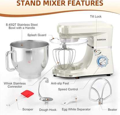 Dough Mixer 8.45 QT Electric Mixer - 660W 6 Speed Large Capacity Kitchen Stand Mixer with Whisk Dough Hook Mixing Beater Household Food Mixer for Baking Cakes Cookie Bread Salad (White)