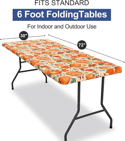 homing Rectangle Table Cloth Cover, Waterproof Polyester Elastic Fitted Tablecloth, Fits for 6 Foot Folding Tables, Washable Table Protector for Fall, Thanksgiving (Pumpkin Vine, 30" x 72")