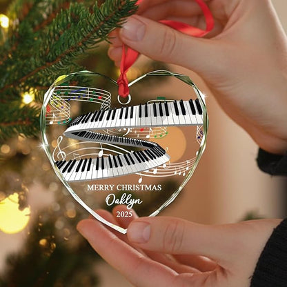 Customized Year Text & Name Keyboard Musical Glass Ornament, Personalized Keyboard Player Christmas Ornaments Gift for Husband Wife Brother Sister Dad Mom, Unique Keyboards Glass Christmas Ornament