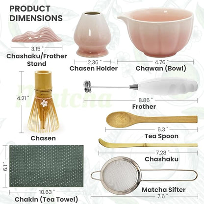 Matcha Whisk Set Incl. Ceramic Bowl With Spout, Whisk (Chasen), Stand, Bamboo Scoop, Sifter, Electric Frother, Tea Towel etc. 9 Pcs Matcha Making Starter Kit, White&Pink