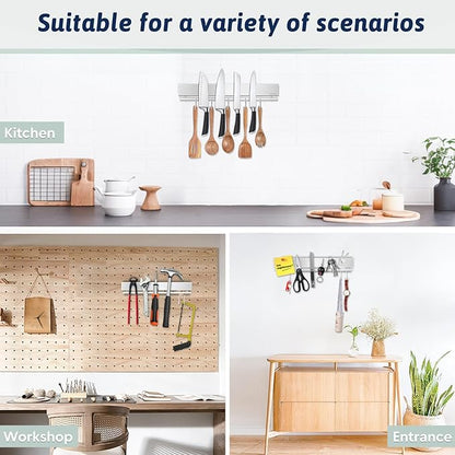 12 Inch Magnetic Knife Holder for Wall - Stainless Steel Magnet Knife Strip No Drill with 5 Hooks/Adhesive Tape/Screws, Kitchen Utensil Holder, Magnetic Knife Organizer, Wall Mounted Knife Storage