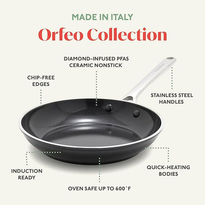 Orfeo 9.5” Nonstick Frying Pan, Made in Italy, Diamond Ceramic PFAS-Free Cookware, Induction Ready, Scratch Resistant, Laser-Fused Surface for Durability, Dishwasher Safe, Black