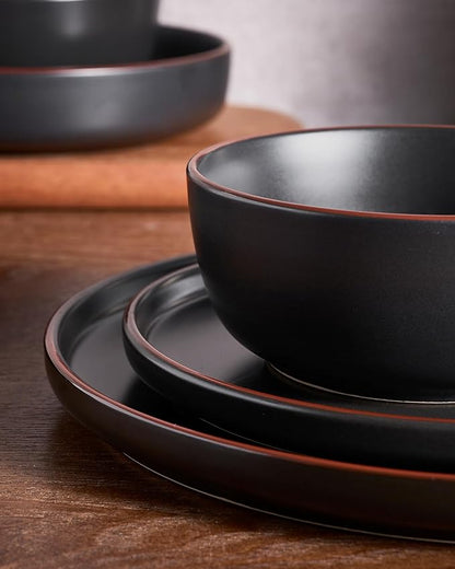 Famiware Mercury Plates and Bowls Sets, 18 Pieces Stoneware Dinnerware Sets, Dishes Set for 6, Microwave and Dishwasher Safe, Matte Black