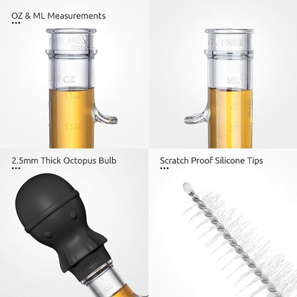 U-Taste 1.5oz Angled Turkey Baster - 228.2ºF Heat Resistant Food Grade Tritan and Silicone Large Octopus Bulb Baster Set with Cleaning Brush for Cooking Basting Meat Poultry Beef Chicken (Black)