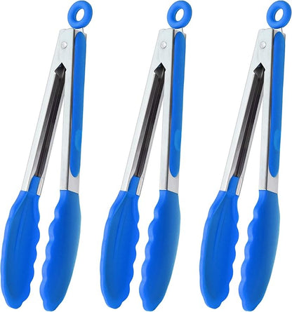 9-Inch Cooking Tongs with Silicone Tips, Set of 3 (Blue)