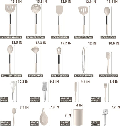E-far Silicone Cooking Utensils Set, 30 Pcs Heat Resistant Kitchen Utensils with Stainless Steel Handle, Heat Resistant Kitchen Spatulas Turner Tong Spoon Whisk Ladle for Nonstick Cookware, Khaki