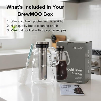 BrewMOO- Cold Brew Coffee Maker (2.0L/68Oz), Sleek Wave Borosilicate Glass Pitcher with Stainless Steel Filter, Airtight Lid + Wide Spout + Comfort Handle, Effortless Manual, Sophisticated Gift