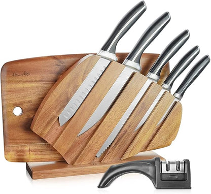 Harriet Knife Set - 7 Pieces Kitchen Knife Set with Cutting Board & Sharpener, High-Carbon Stainless Steel Knife Block Set, Chef Knife Set with Acacia Wood Knife Block