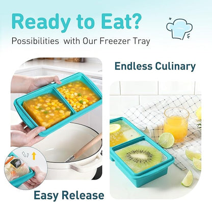 Silicone Freezer Tray with Lid Soup Freezer Container Molds with Steel Reinforced Rim Large Ice Cube Tray Makes 4 Perfect 2 Cup Portions Cubes Storage for Soup, Sauce, Leftovers Food Kitchen Things